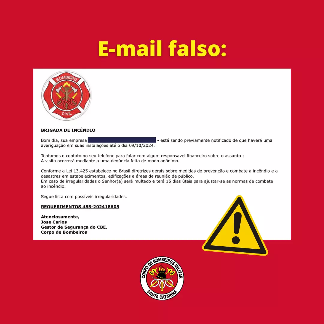 Corpo de Bombeiros de SC alerta para golpe de e-mails e boletos falsos